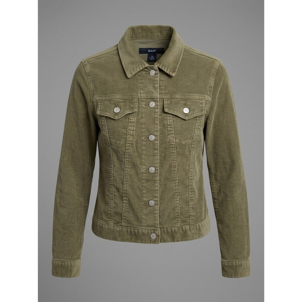 Vtg Y2K GAP Corduroy Trucker Jacket Womens XS Olive Green Stretch Streetwear
